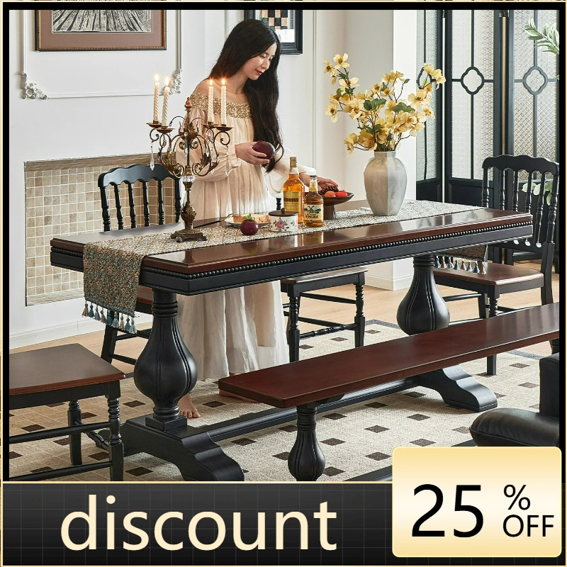 LTT French medieval all-solid wood dining table log retro color matching household rectangular dining table