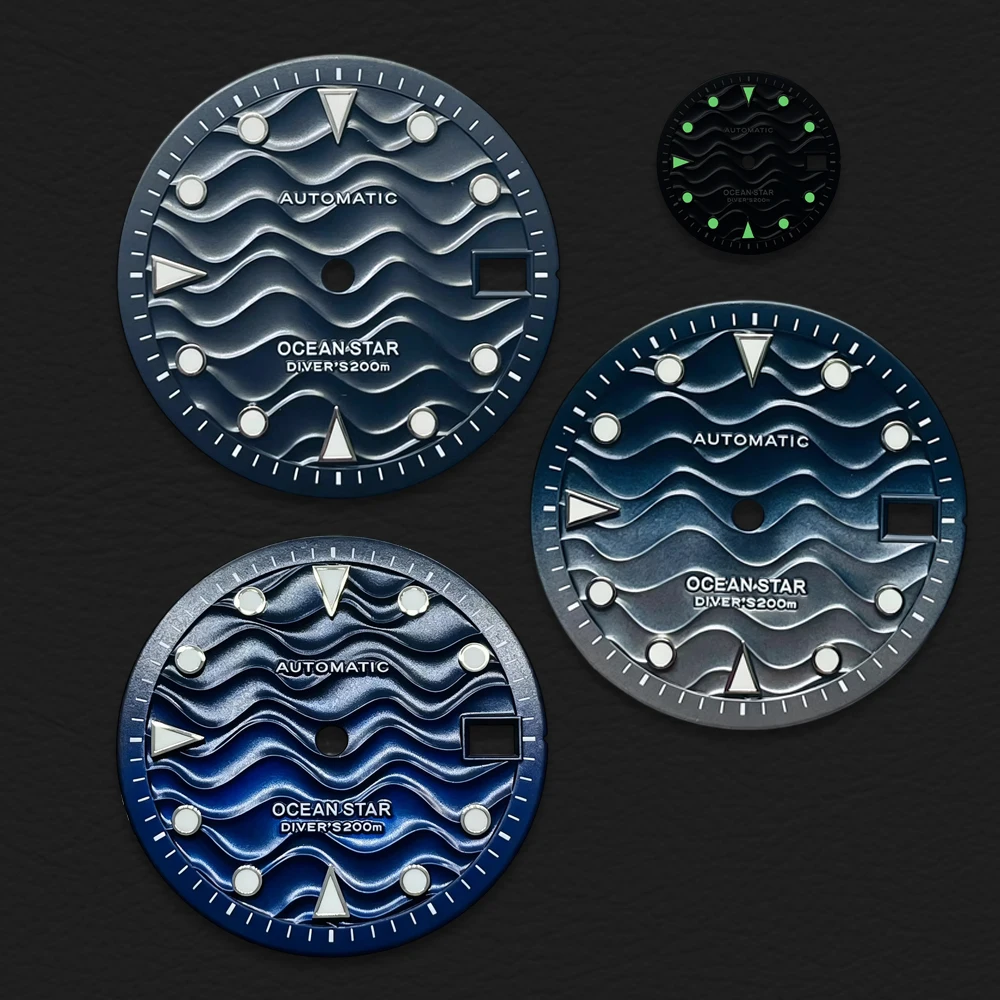 28.5mm NH35 dial, S dial, wave-textured dial, green lume, suitable for NH35/NH36 movements, mechanical watch modification parts