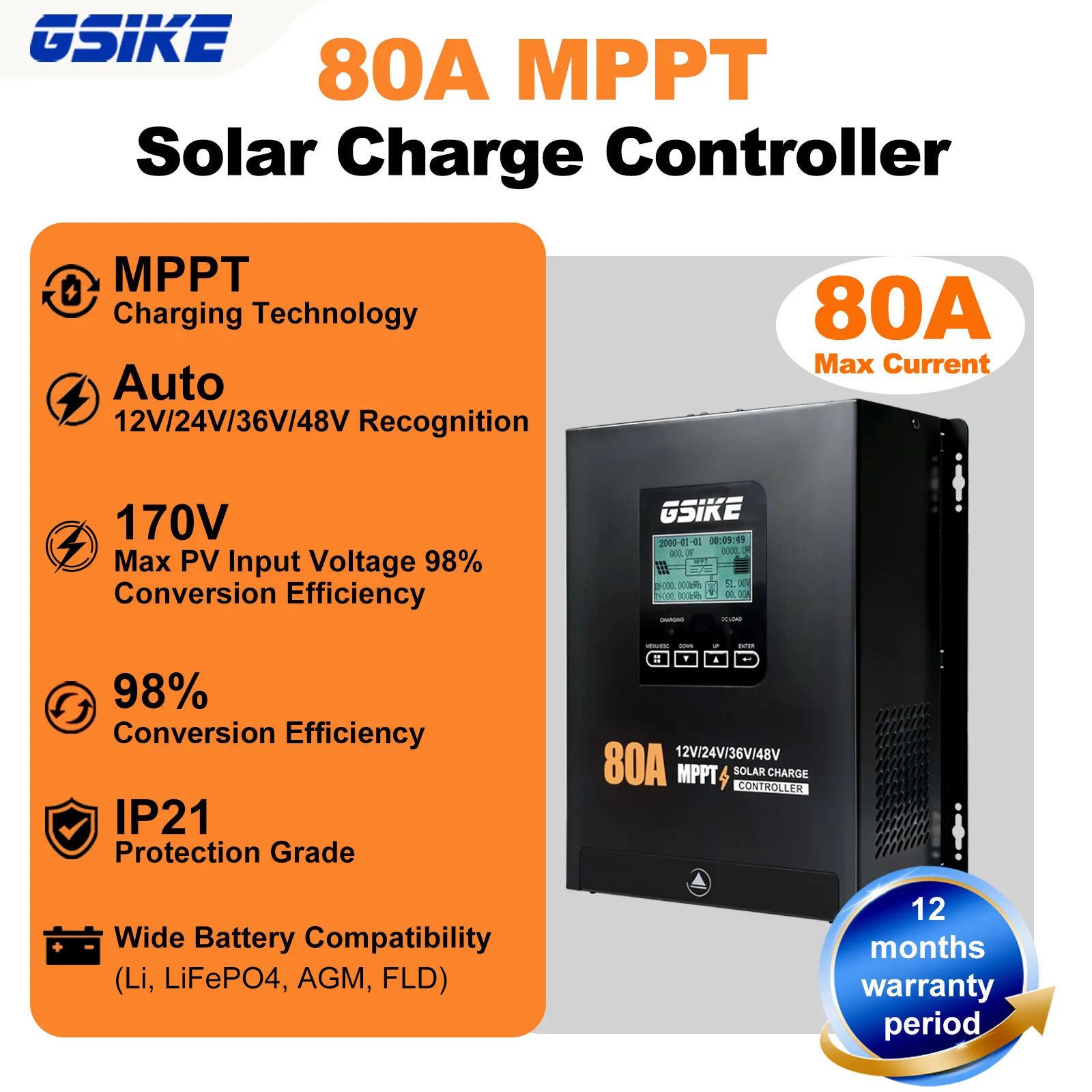 GSIKE 80A MPPT Solar Charge Controller 48V High Efficiency PV Charger Regulator LCD Display Overload Protection Compatible LiFePO4 Gel Lead Acid Battery For Home Solar RV Boat Off Grid System