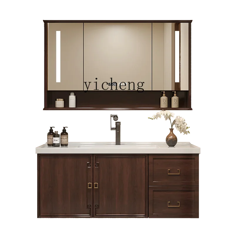 i10.10-Smart Bathroom Cabinet Mirror Cabinet Combination Paint Solid Wood New Chinese Bathroom Wash Table Ceramic