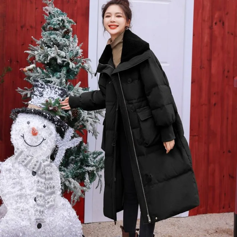 Oversize Winter Parkas Women Coat 2023 Korean Fashion Long Sleeve Hooded Jacket Belt Pockets Thickened Warmer Outerwear