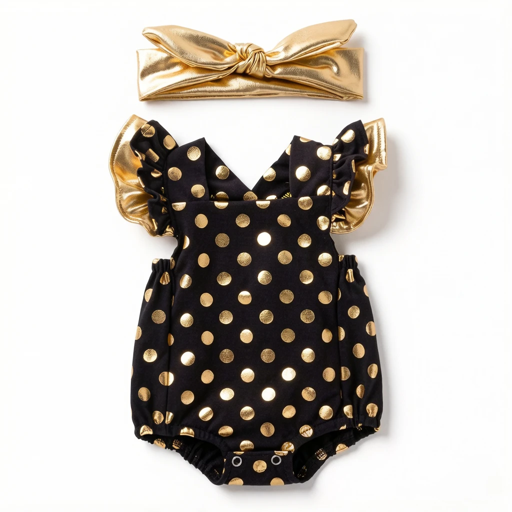 2Pcs Luxury Dot Ruffled Baby Romper Set with Headband, cross back soft bodysuit, stylish daily wear for baby girls