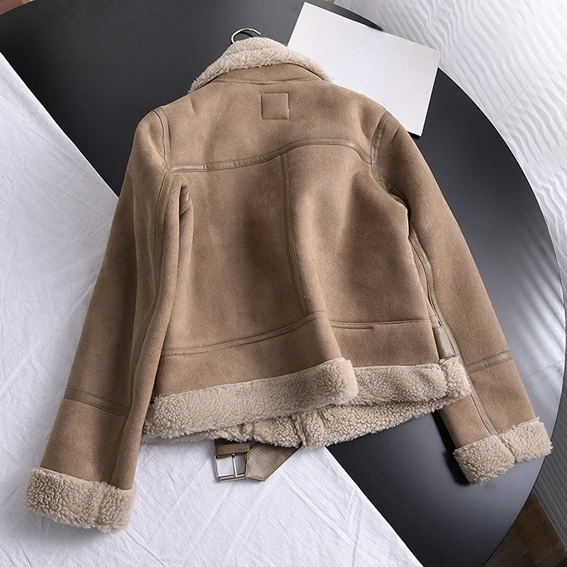 2022 Winter Women Thick Warm Suede Lamb Jacket Short Motorcycle Brown Coats Faux Shearling Sheepskin Leather Jackets Outwear