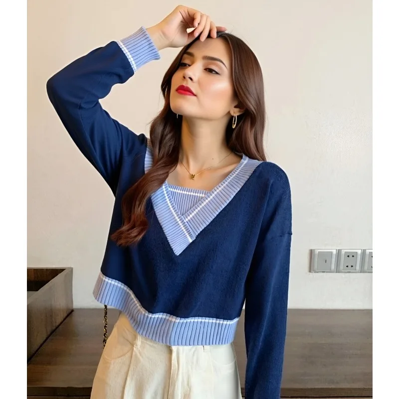 

Женский пуловер с короткими рукавами и v-образным вырезом, осень-зима, модный корейский повседневный свободный женский вязаный топ, новый