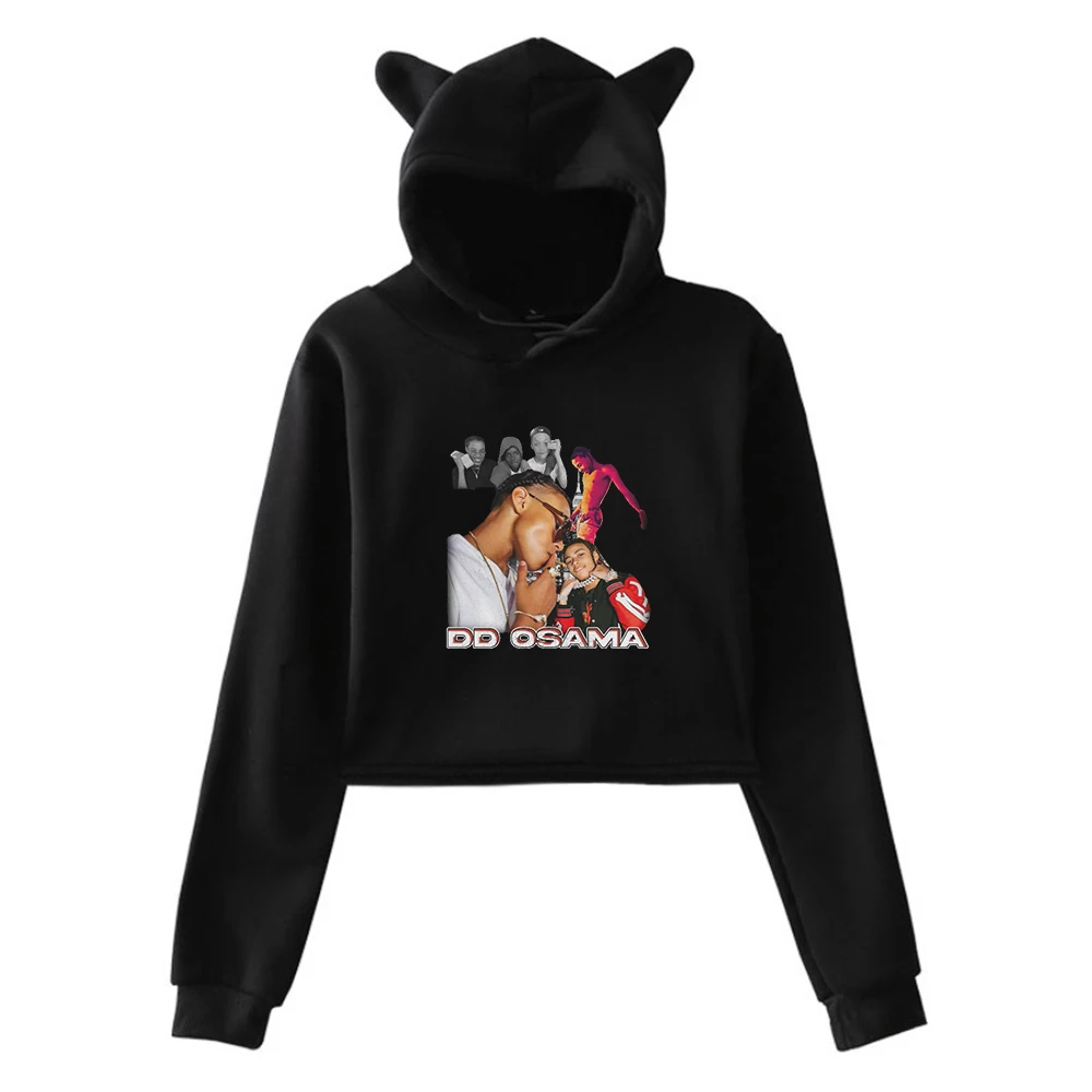 DD Osama Tour Hip Hop Rapper Vintage Pullover Cat Ears Hoodie Long Sleeve Sweatshirts Crop Top Women's Clothes