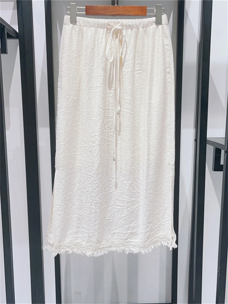 Summer 2024 Women Solid Color Tassels Set V-Neck Lace-Up Sleeveless Short Vest Elastic High Waist A-Line Midi Skirt for Holiday