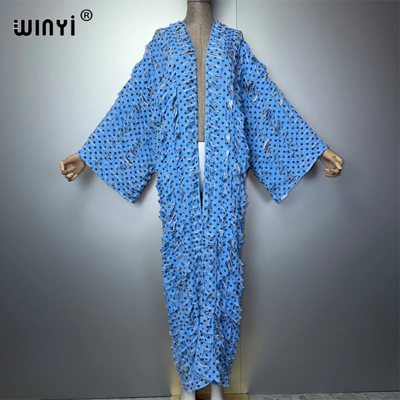 

WINYI Africa print kimono for women fashion Hollow denim long down coat swimsuit cover up Make an old hole cowboy cardigan