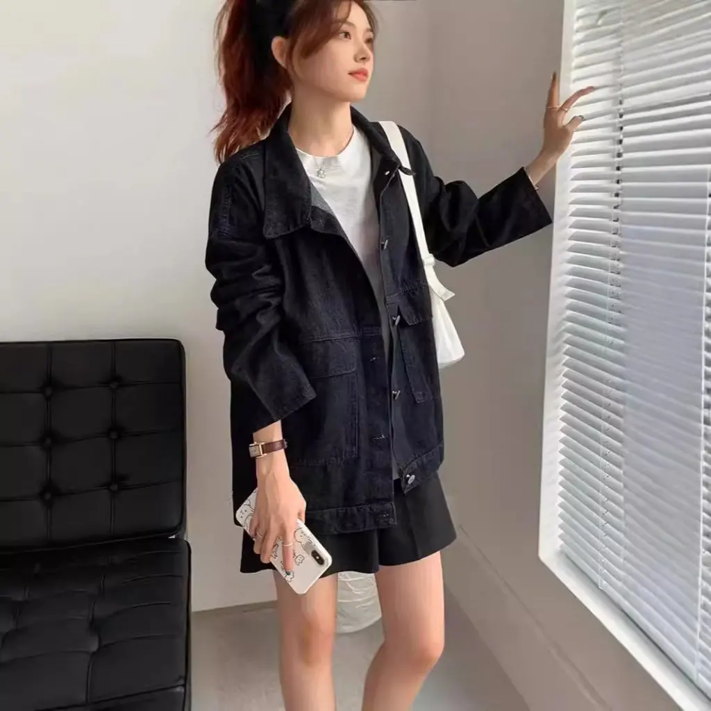 Women's Loose Denim Jacket Korean Style Mid-Length Trendy Elegant Top for Spring Autumn All-Match Student Wear