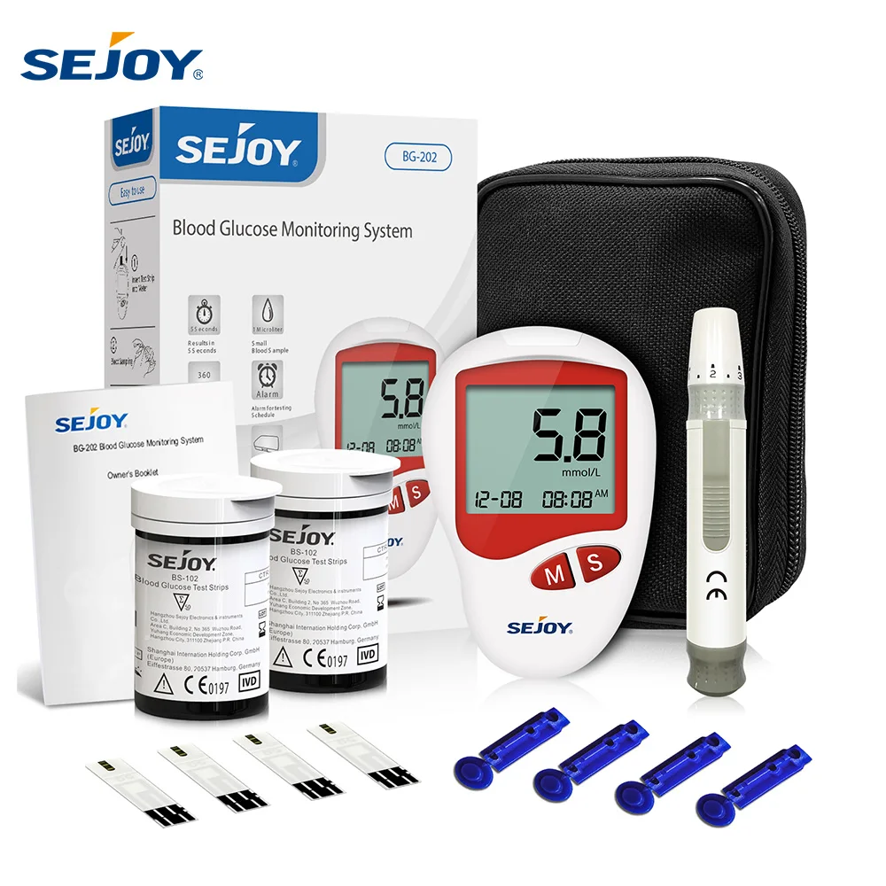 SEJOY 100 bandelettes de test de glycémie pour BG201/202/203, kit de test de glycémie pour diabétiques avec 25 bandelettes de test/lancettes