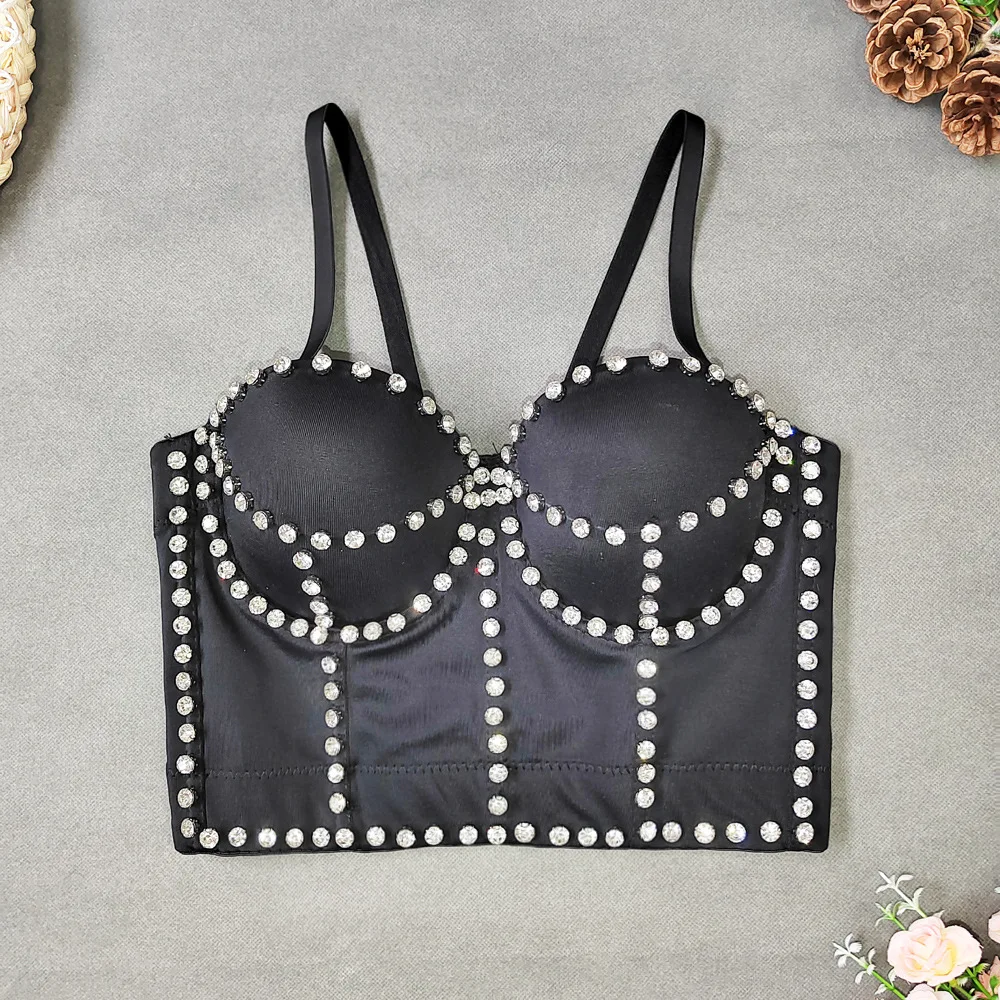 2023 New Sexy Diamonds Fishbone Camisole Female Gathered Bustier Bra Party Night Club Cropped Tops Performance Clothing Y921