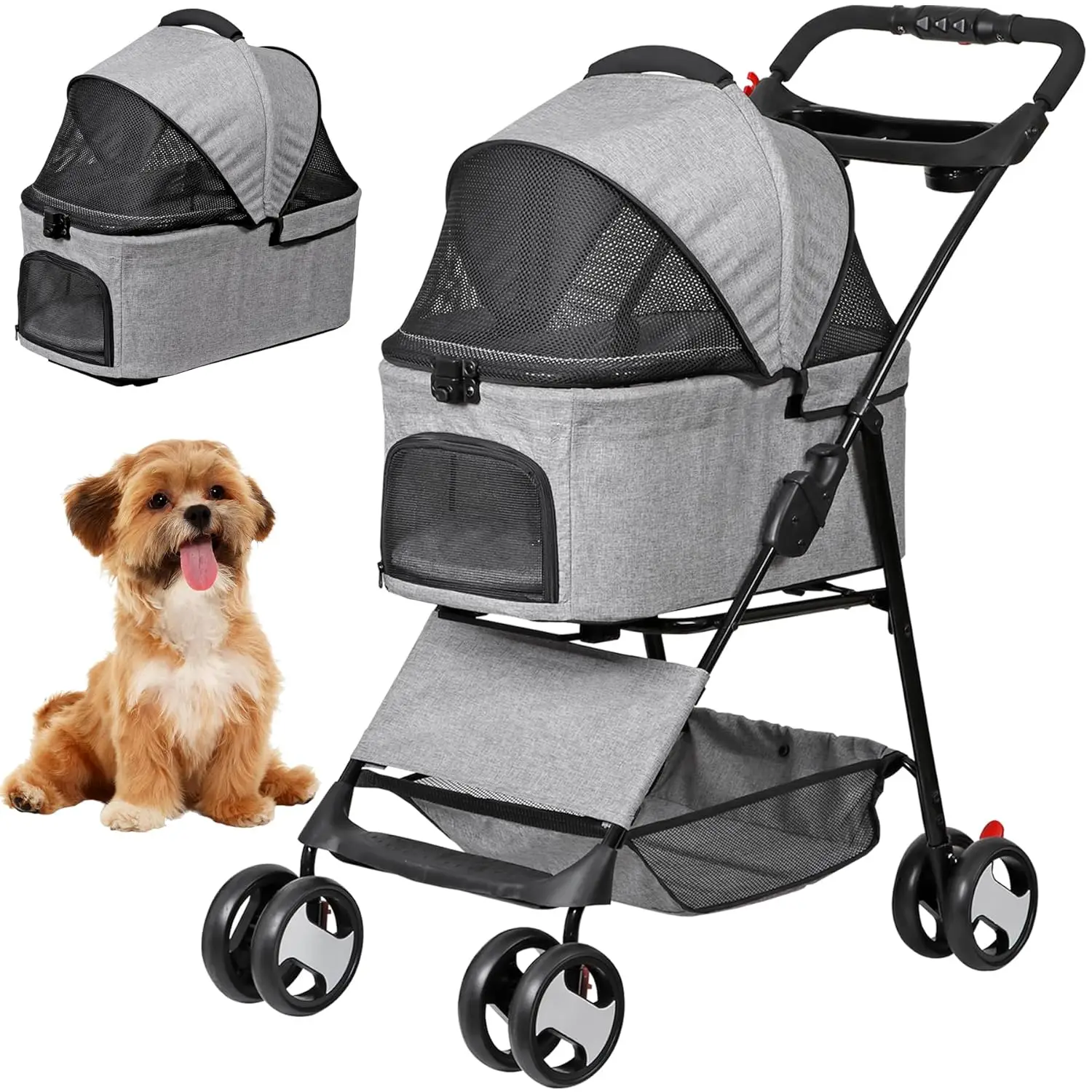 

4 Wheels Foldable Pet Dog Cat Jogger Stroller Travel Carrier Strolling Cart w/Waterproof Cover Storage Basket Holder Detachable