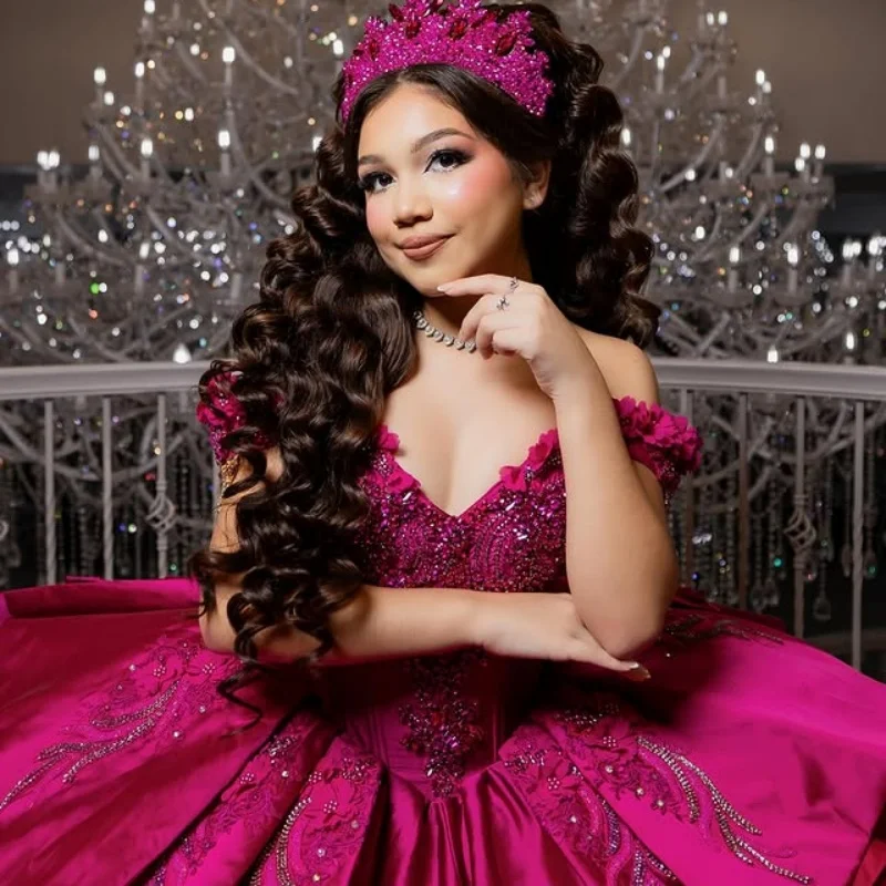 

Shiny rose pink Quinceanera Dress Lace Tull crystal glitter decal Long tail vestidos de 15 Quinceanera ﻿Customized