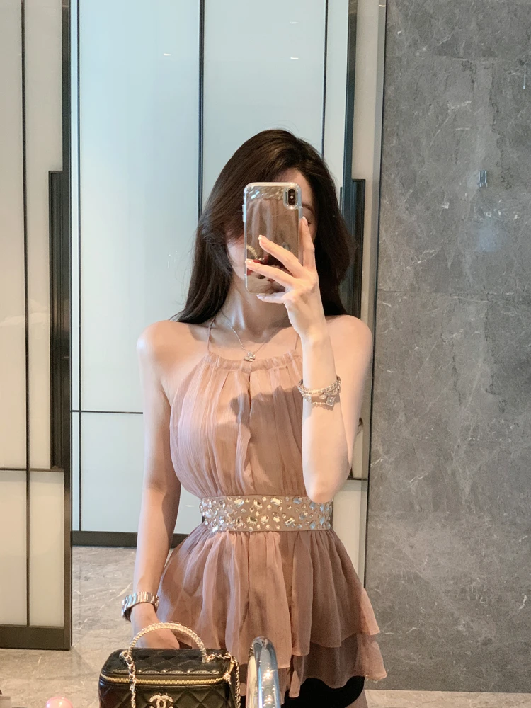 

Sexy Diamond Embellied Svel Strap Top Women's Chiffon Blouse JustQin New 2025 Korean Sle Summer Faion