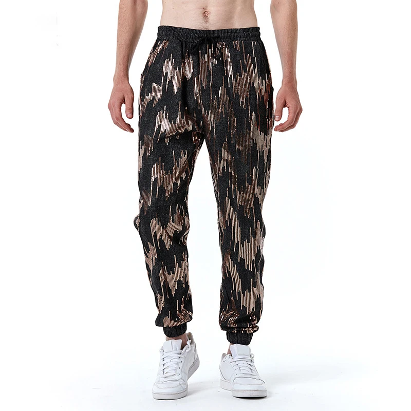 Mens Trend Fashion Star Pants Metal Bling Nightclub Bar Casual Stage Wear Slim Elastic Sequins Pattern Performance Clothes