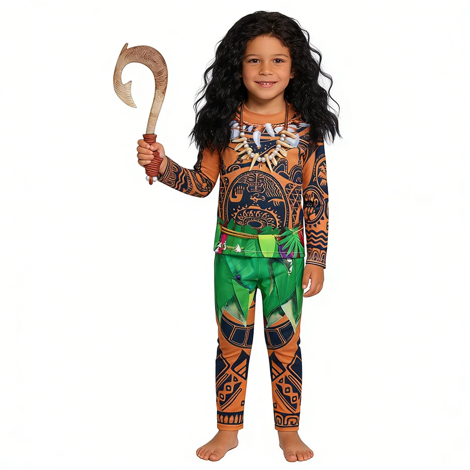 Boho Primitive Tribe Maui Boys Outfits Halloween Cosplay Party Children's Costume Vintage Print T-shirt + Pants Kids Pajamas