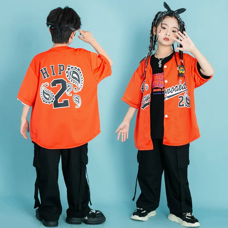 Kids Hip Hop Costume Orange Cardigan Baggy Pants Girls Street Dance Clothing Boys Kpop Costume Jazz Stage Show Wear 6 8 10 12 Y