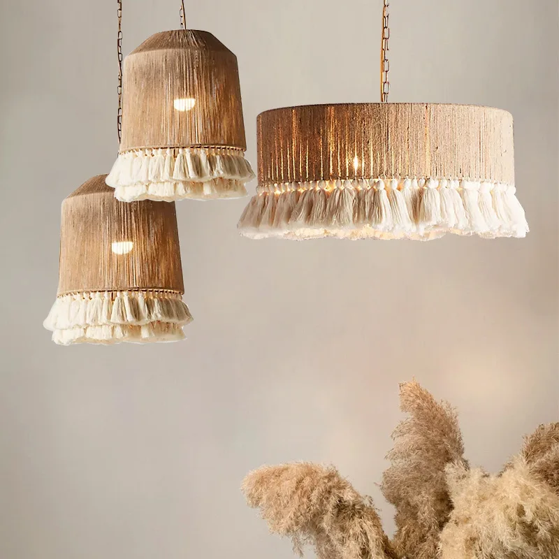 Bohemian Vintage Hemp Rope Tassel Chandelier Creative Bedroom Dining Room Lamp Model Room Decorative Lighting
