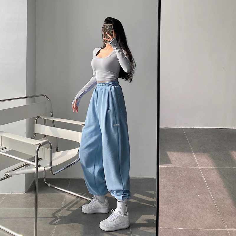 

High Waist Loose Fit Drawstring Cuffed Drapey Versatile Sporty Casual Pants Sweatpants for Young Girls