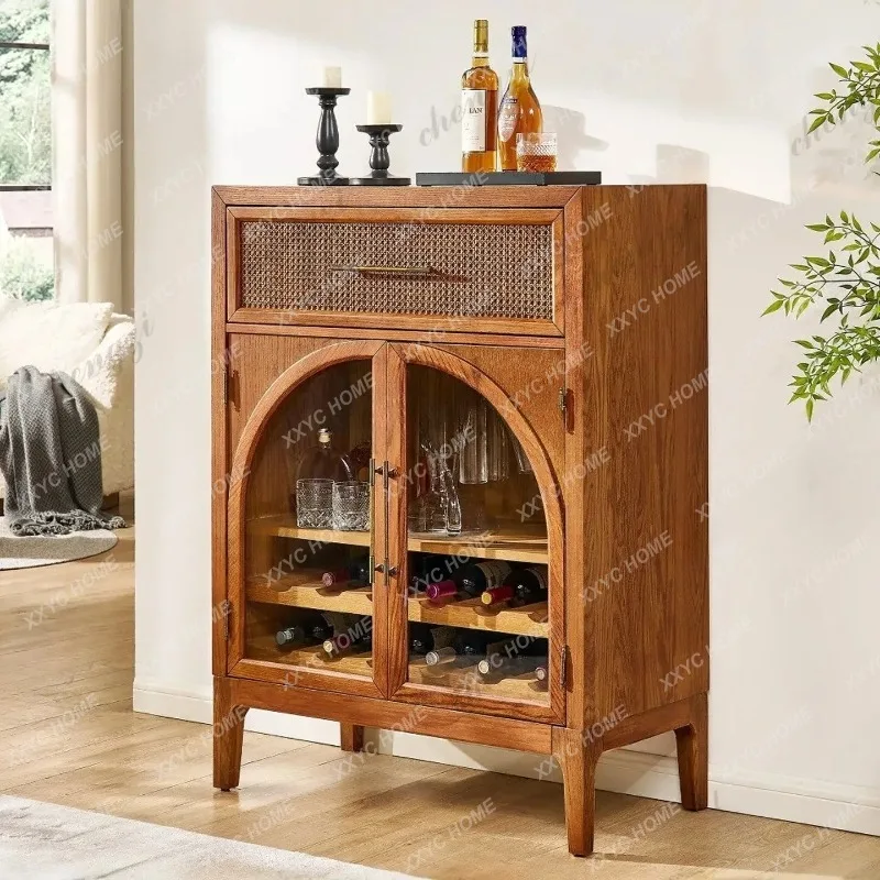 XX Retro rattan curved door wine cabinet white oak living room storage display cabinet locker