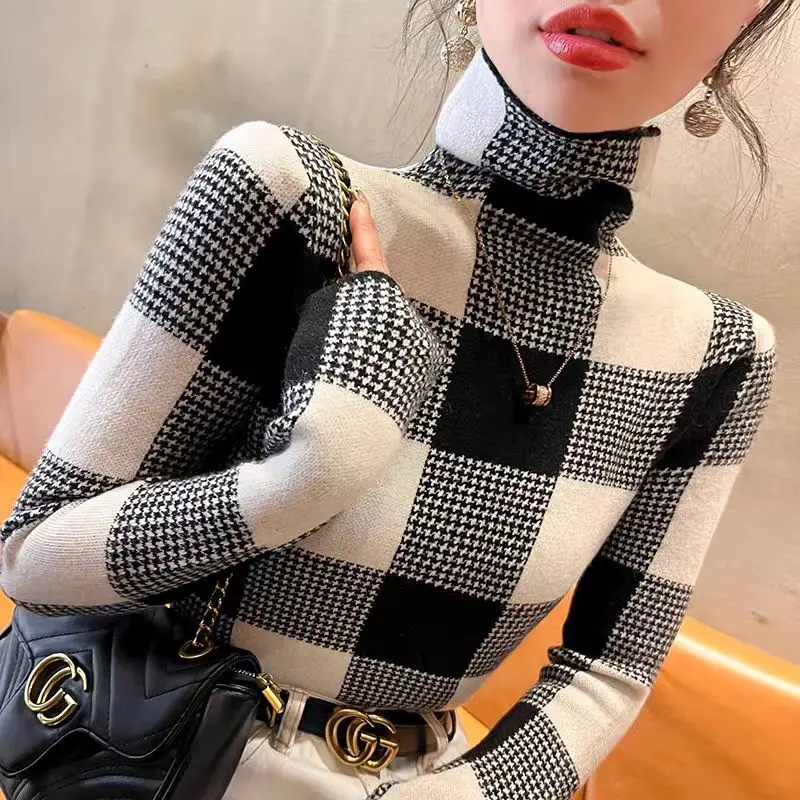 

Autumn Winter Fashion Plaid Elastic Slim Pullovers Women Clothing Vintage Commute Knitted Sweaters Comfortable Soft Wool Tops