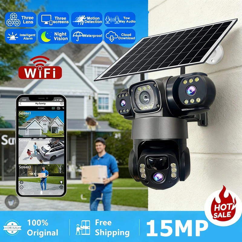 V380 WiFi Solar Security Camera 3 Lens Low Power Consumption Outdoor Waterproof PIR Motion Detection Night Vision Home CCTV