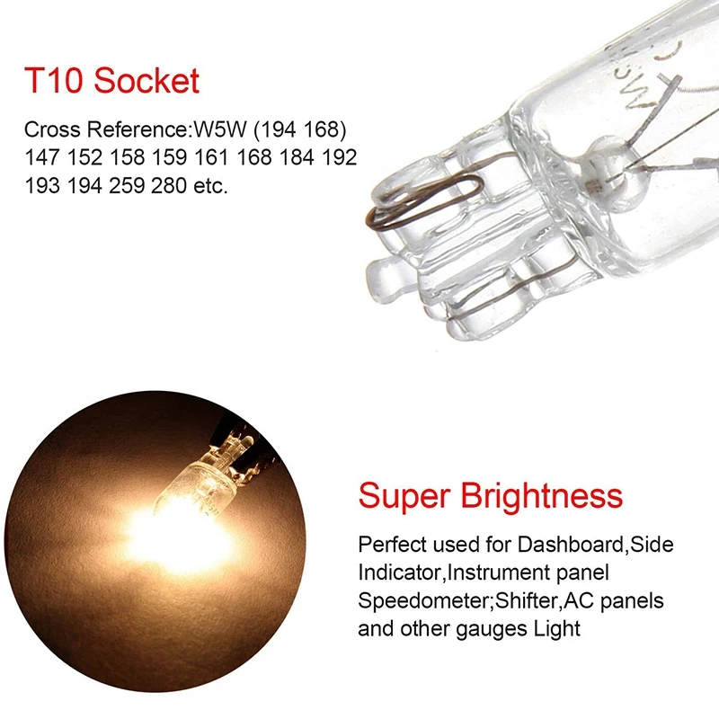 Auto T10 12V 5W 168 194 W 5W Halogeenlamp Instrumentenpaneel Dashamp Leeslampjes, 10 Pak Warm Wit