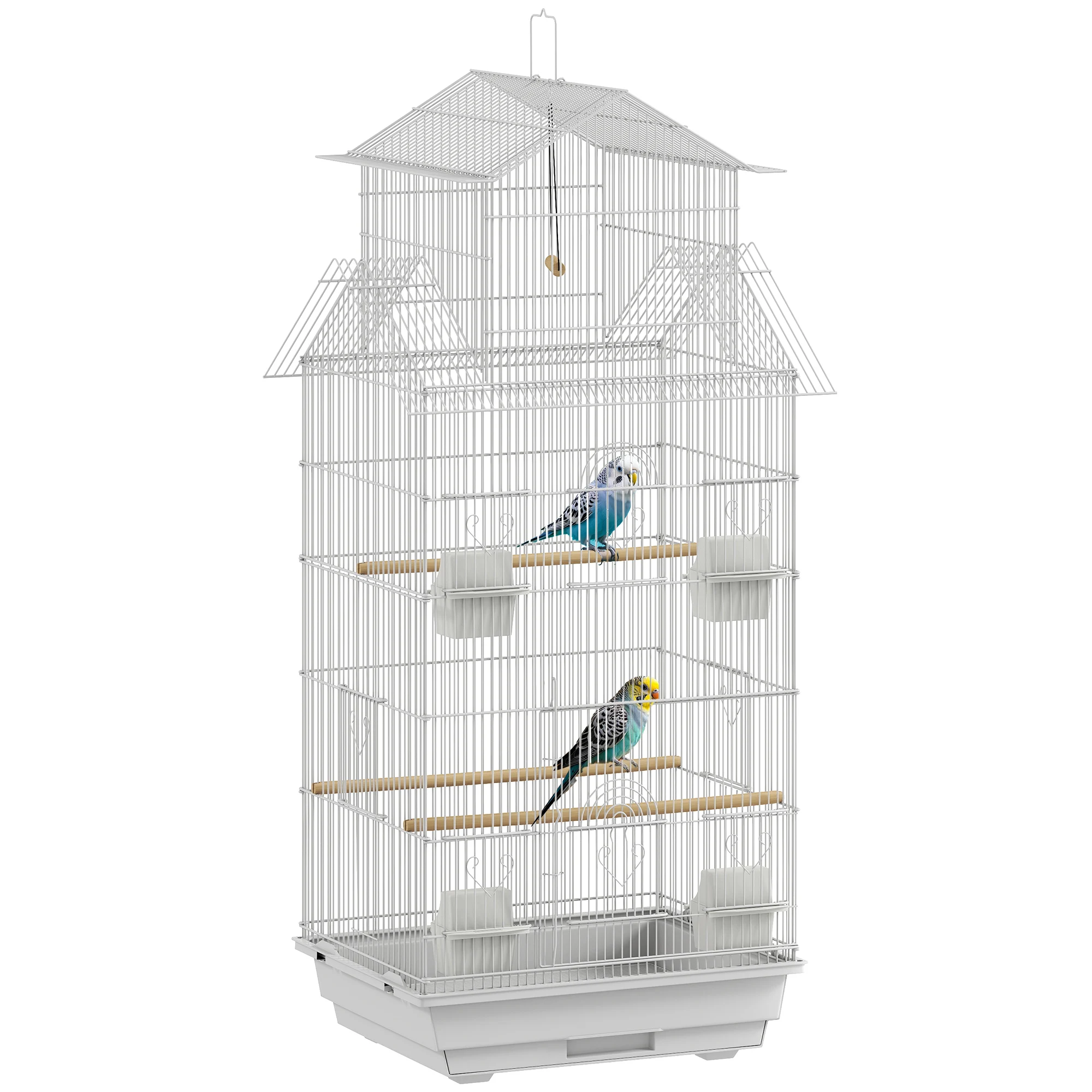 Pawhut Stalen Vogelkooi met Voederbakjes, Zitstokken, Schommel en Verwijderbare Lade 50,5x41x104 cm Wit