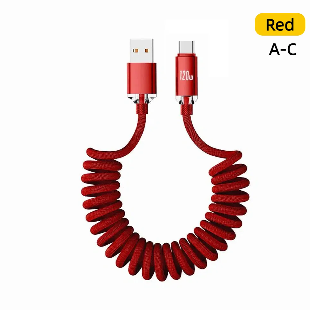 120W USB A/C zu Typ-C Schnellladekabel, Spiralkabel für Auto, Einziehbar, für iPhone 15 16 Samsung Xiaomi USB Typ-C Kabel