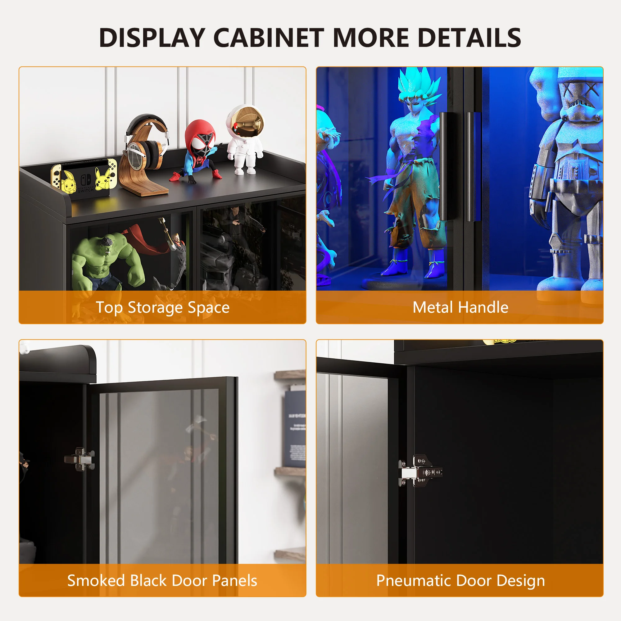 JDPAG Display Cabinet with Doors and Adjustable Shelves, 65" Tall Bookcase with LED Lights/Human Sensor