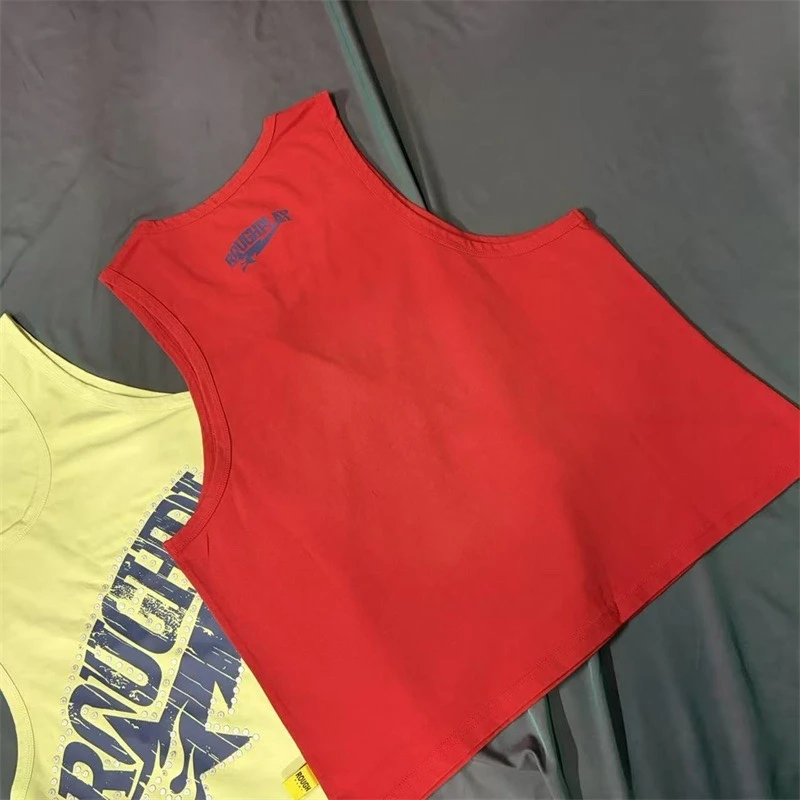 Washed Red Rough Sleeveless T-shirts Men Women Letter Logo Print Vintage Oversized Singlet T Shirt