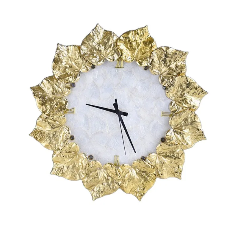 Professional quality gold brass leaves luxury store display banquet hall art wall clock custom home living room decoration