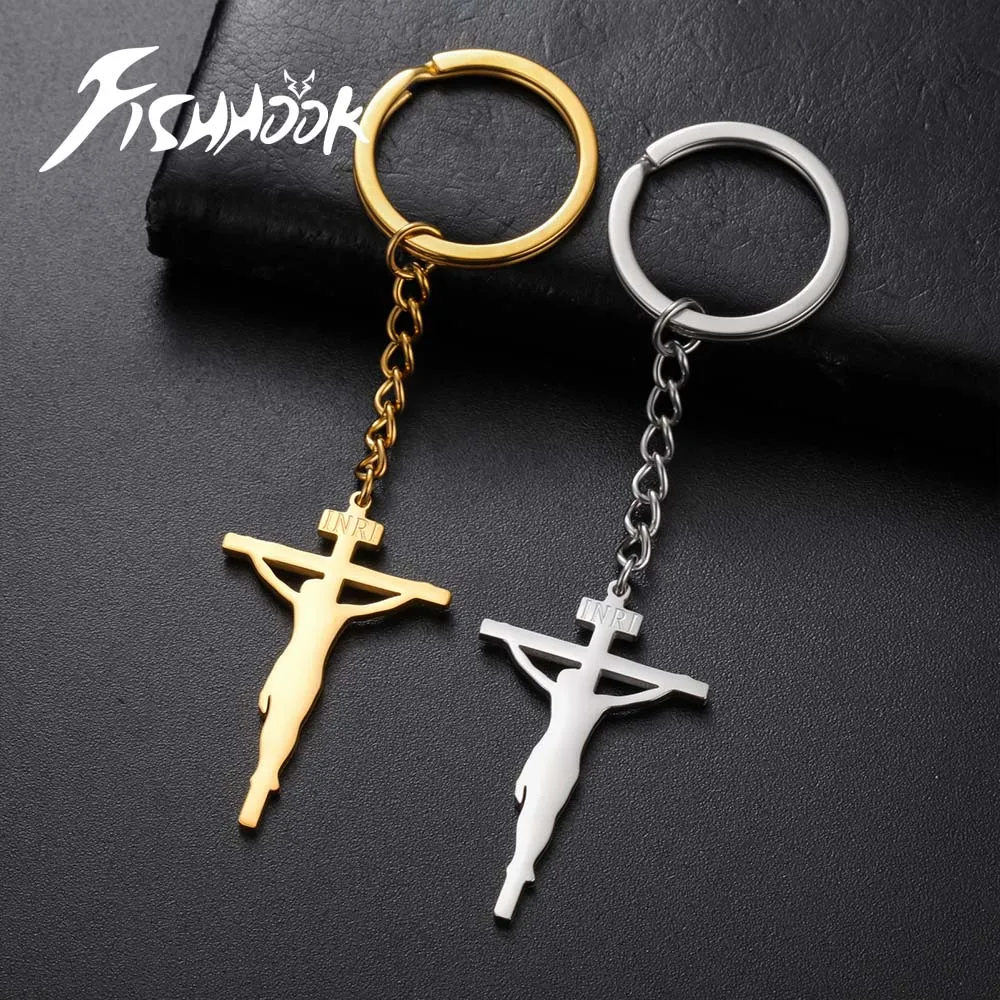 الله INRI الصليب المفاتيح خارق تعويذة المسيح تميمة للمرأة الرجال حلقة رئيسية مجوهرات المسيحية الفولاذ المقاوم للصدأ هدية