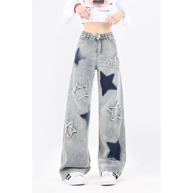 Retro estrela bordado cintura alta carga jeans feminino streetwear lavado angustiado denim calças retas calças de grandes dimensões