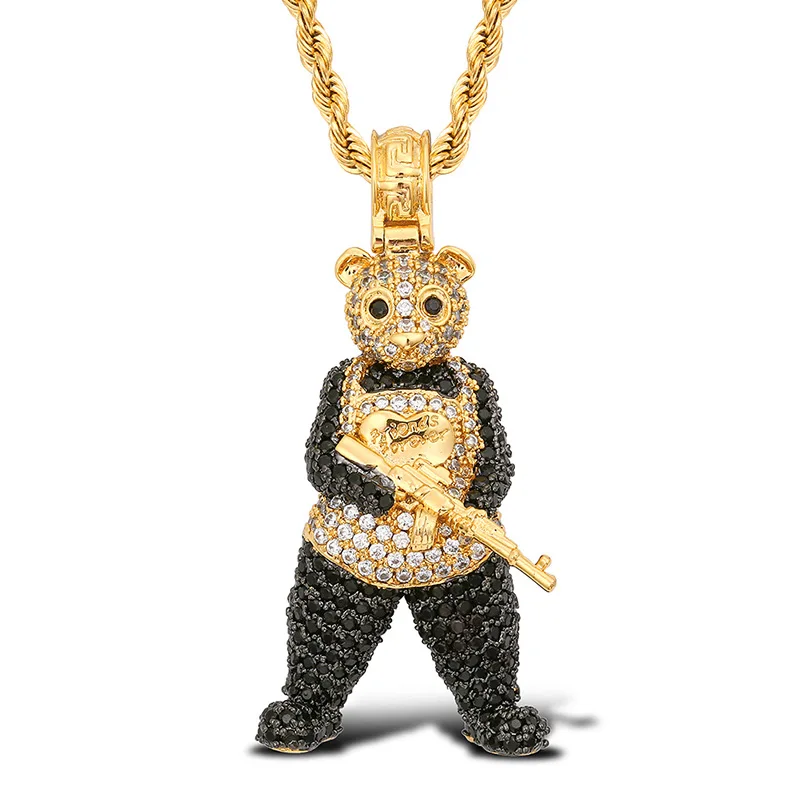 

Hip Hop 5A+ CZ Stone Bling Iced Out Solid Panda with a Gun Pendants Necklaces for Men Rapper Jewelry Gold Silver Color