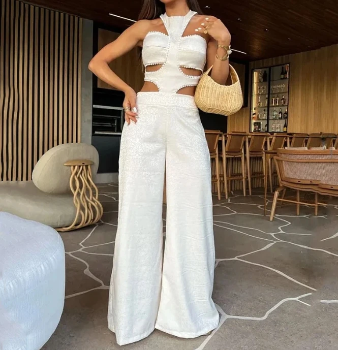 

New Women's Pants Hot Selling 2023 Fashion Dress Sleeveless Hanging Neck Hollow Out Design Feel Wide Leg Jumpsuit