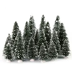 Evemodel 20pcs Snowy Pine Trees Miniature Christmas Trees Covered Snow with White Bases for Christmas Home Party Decor XS0804