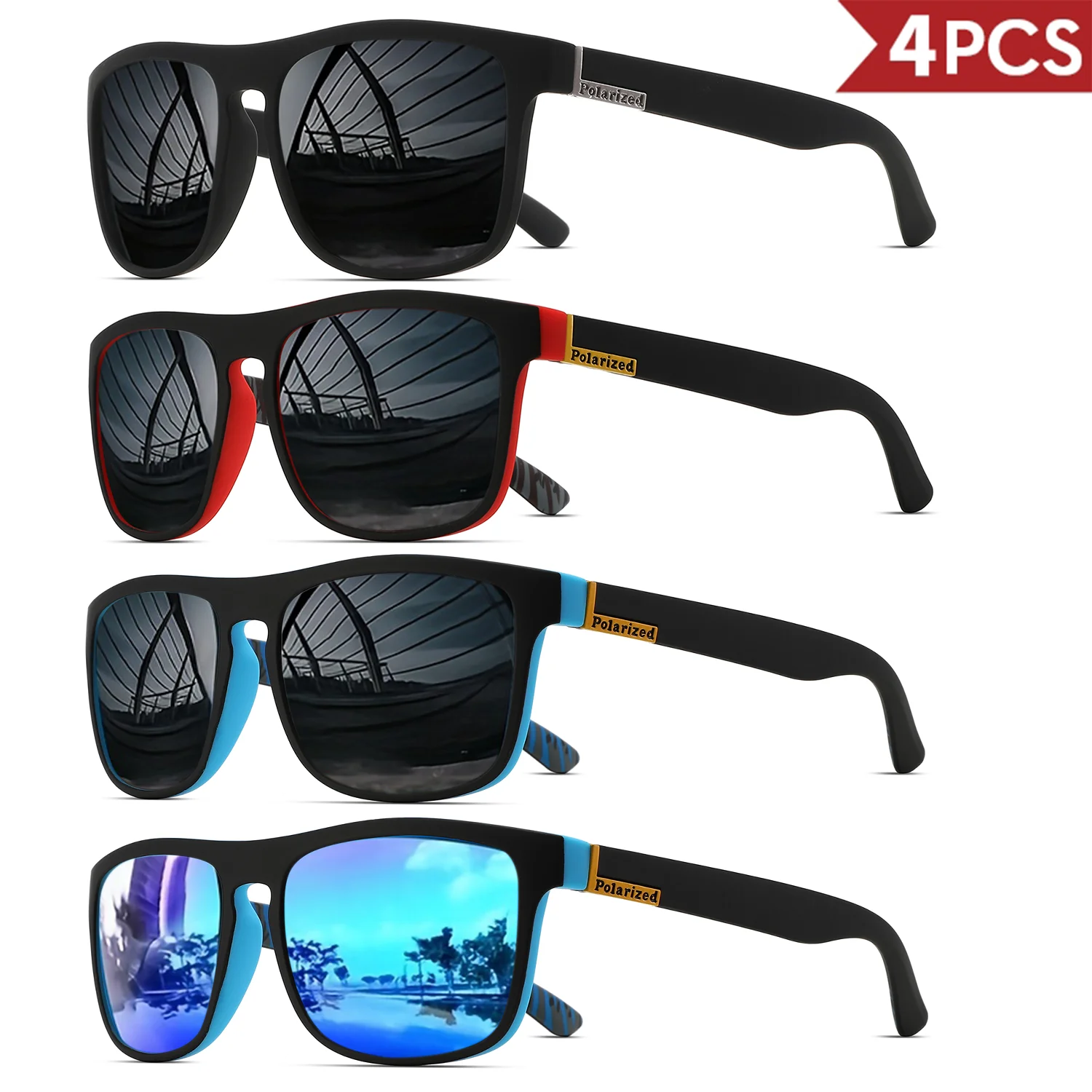 4PCClassic Vierkant Gepolariseerde Sportzonnebril Lichtgewicht PC-frame UV400 voor Rijden Vissen Fietsen Unisex Dagelijkse duurzaamheid