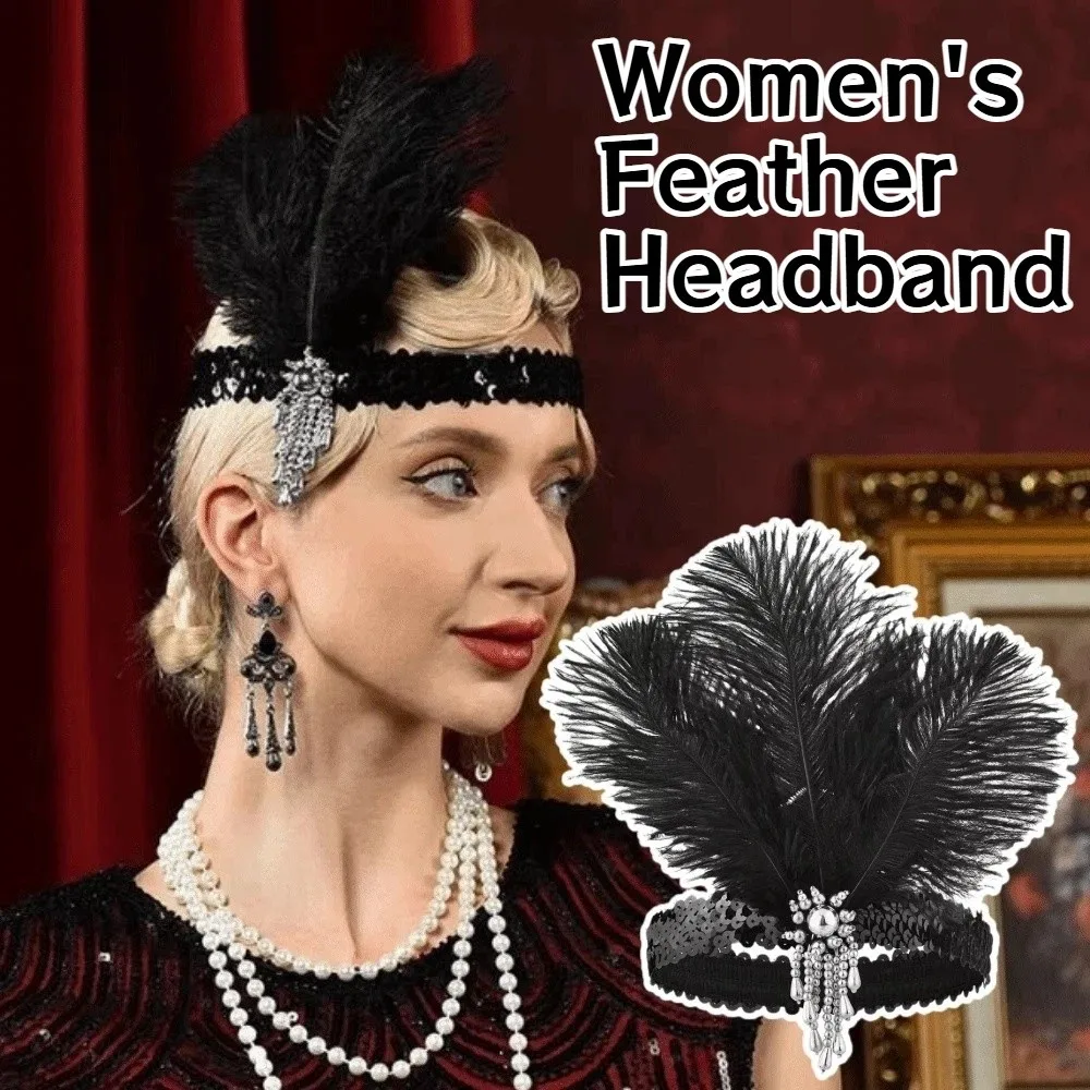 Gatsby Party Retro Women's Feather Headband 1920s Sequin Feather Headpiece Beaded Tassel Girls Hair Hoop Carnival Events