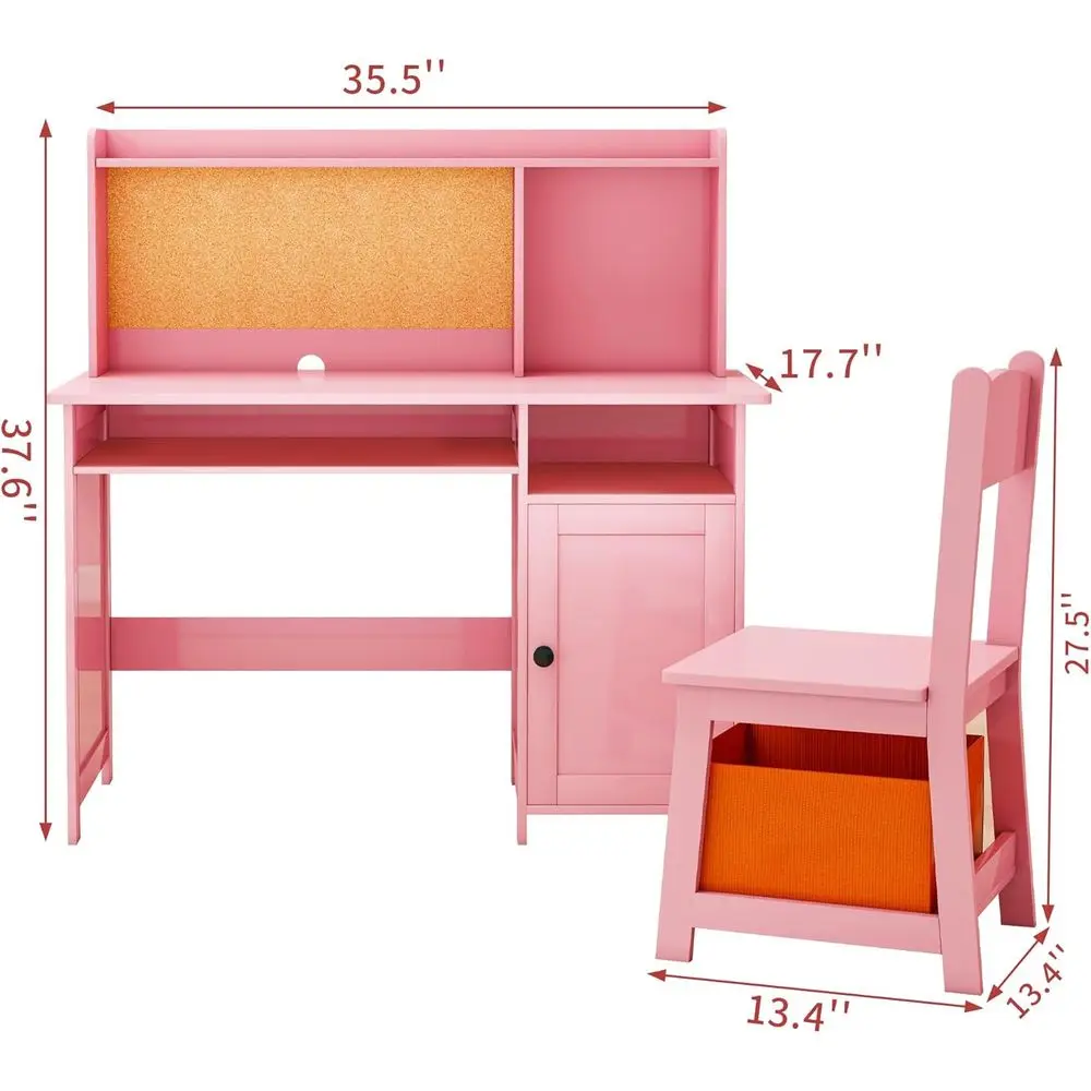 Kids Desk with Hutch and Storage or 3-8 Years Old, Wooden Kids Table with Cork Board, Pink Children Study Desk and Chair Set or