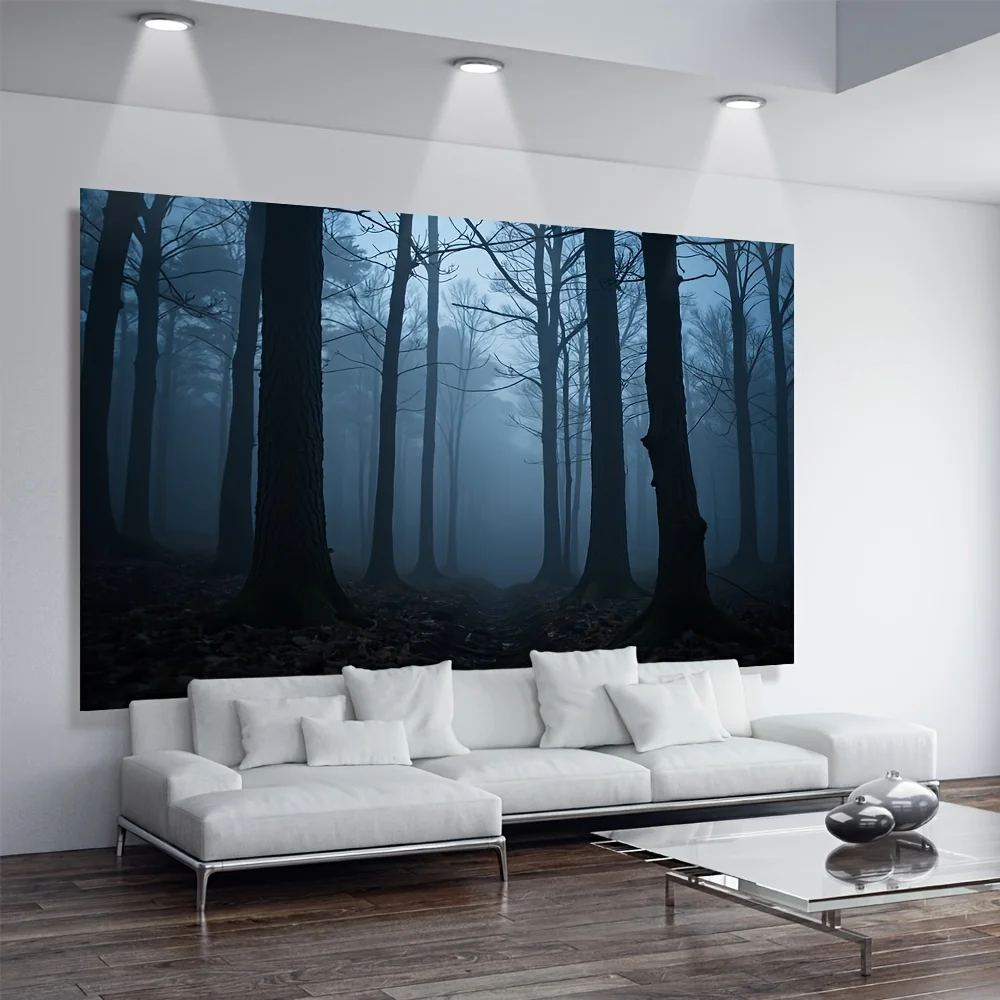 tapestry Dark Misty Woods Backdrop - Spooky Halloween Forest Scene with Blue Hues, Polyester Wall Hanging for Home Outdoor Decor