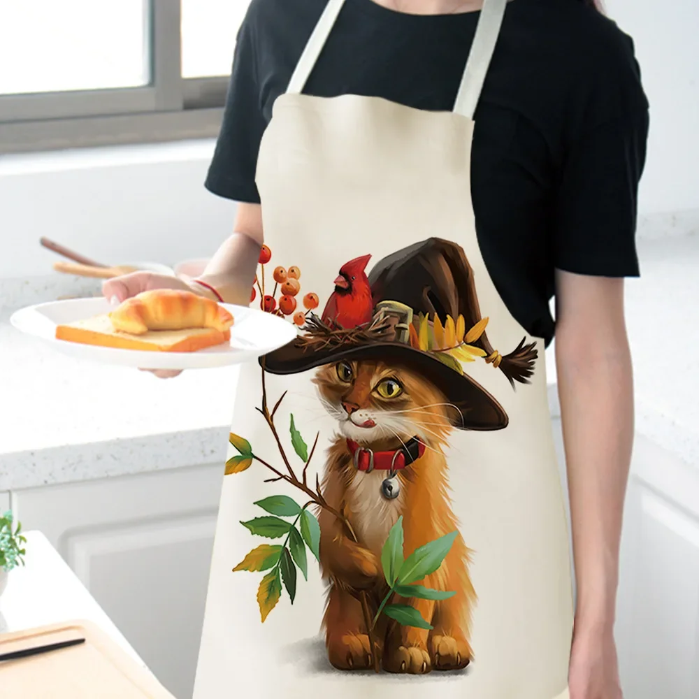Cute Cat Kitchen Sleeveless Aprons For Women Cotton Linen Bibs Household Cleaning Pinafore Home Cooking Apron 55x68cm