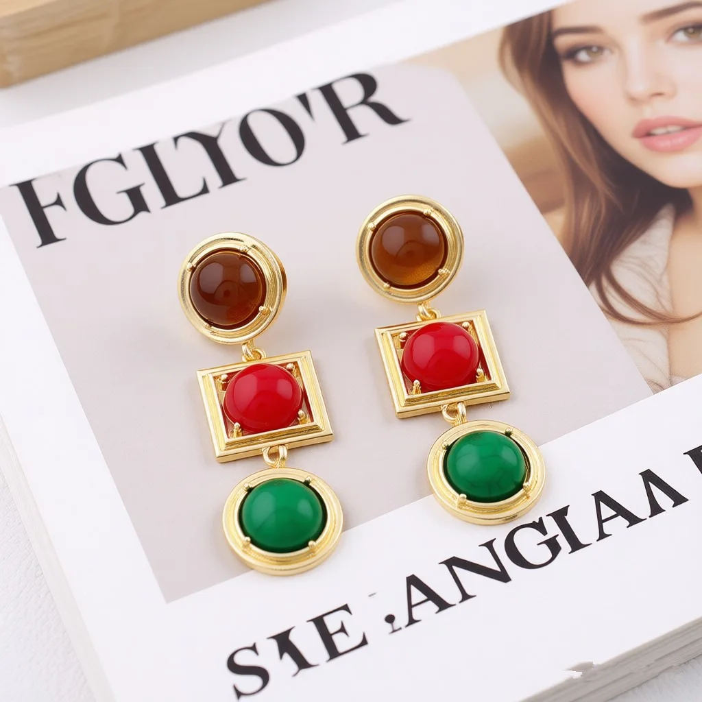 European and American fashion exaggerated colorful geometric retro glass resin turquoise gold tiger-eye stone earrings, jewelry