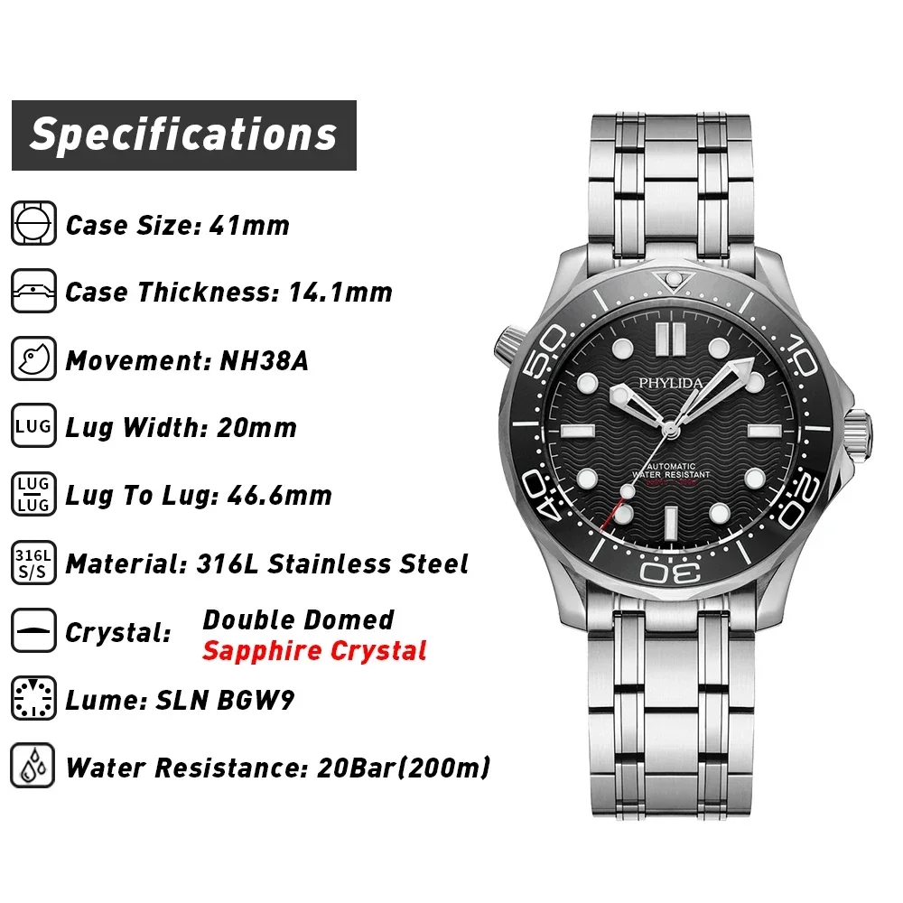 PHYLIDA Black Dial Diver 200 Men\'s Warch Sapphire Crystal NH38a Automatic Watch SLN BGW9 Lume SE-BK-38