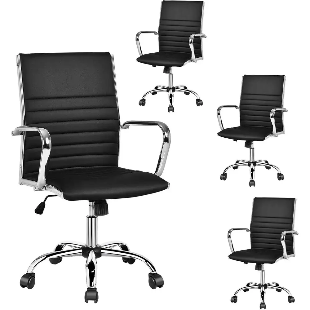 

4-Piece Ribbed Swivel PU Leather High-Back Chair Set with Adjustable Height, Armrests, Rocking, Lumbar Support for Ergonomic Off