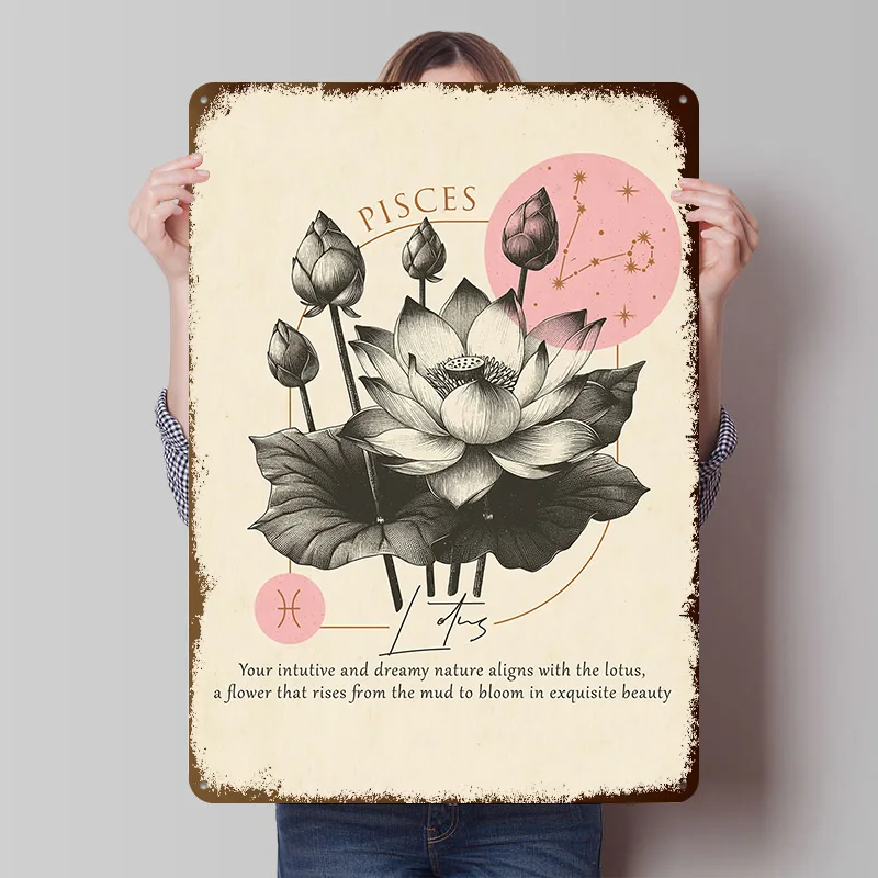 Pisces Zodiac Lotus Print Tinplate Poster Customized Wall Art Vintage Metal Signs Retro Plates for Interior Home Decorations