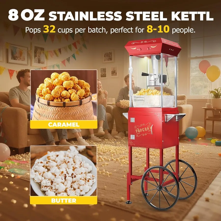 2025 ترقية 8 أوقية آلة صنع الفشار عربة آلة صنع الذرة البوب مع ماكياج ما يصل إلى 32 كوب مسرح السينما آلة الذرة البوب مع Sta