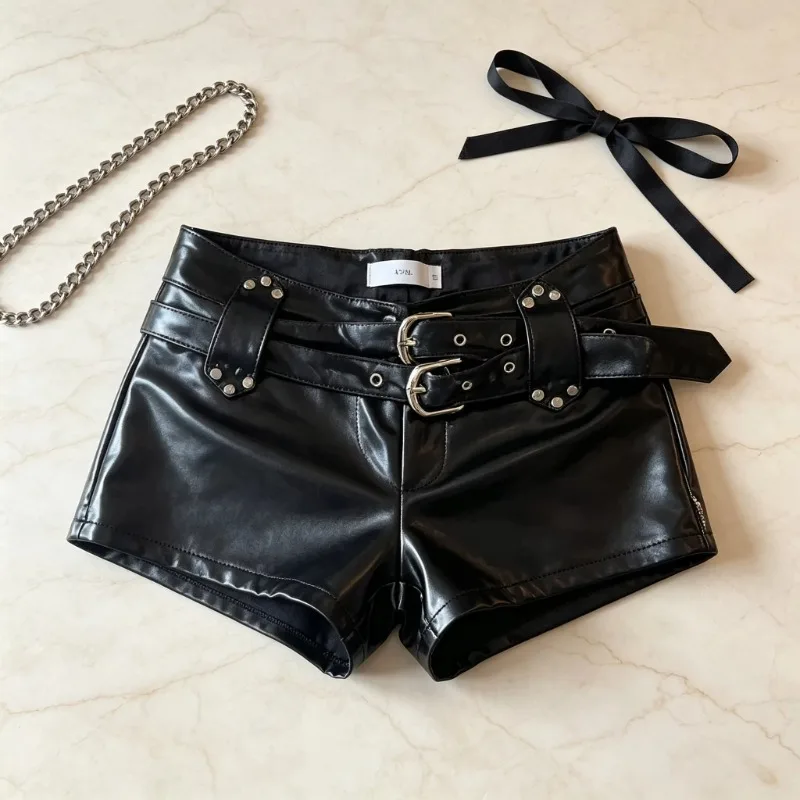 2026 New Spice Girl Y2k Retro Nightclub Sexy Low Waist Bodycon PU Leather Shorts Boots Shorts Woman