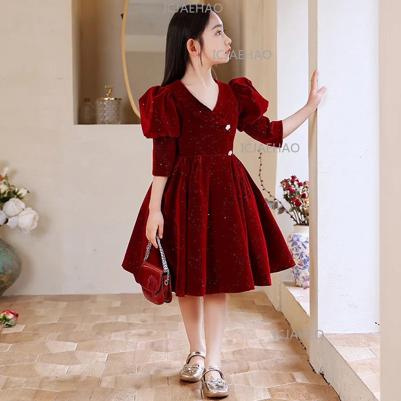 2026 New Girls Puff Sleeve Velvet Dress Baby First Birthday Wine Red Princess Gown Children Party Formal Attire Autumn Winter