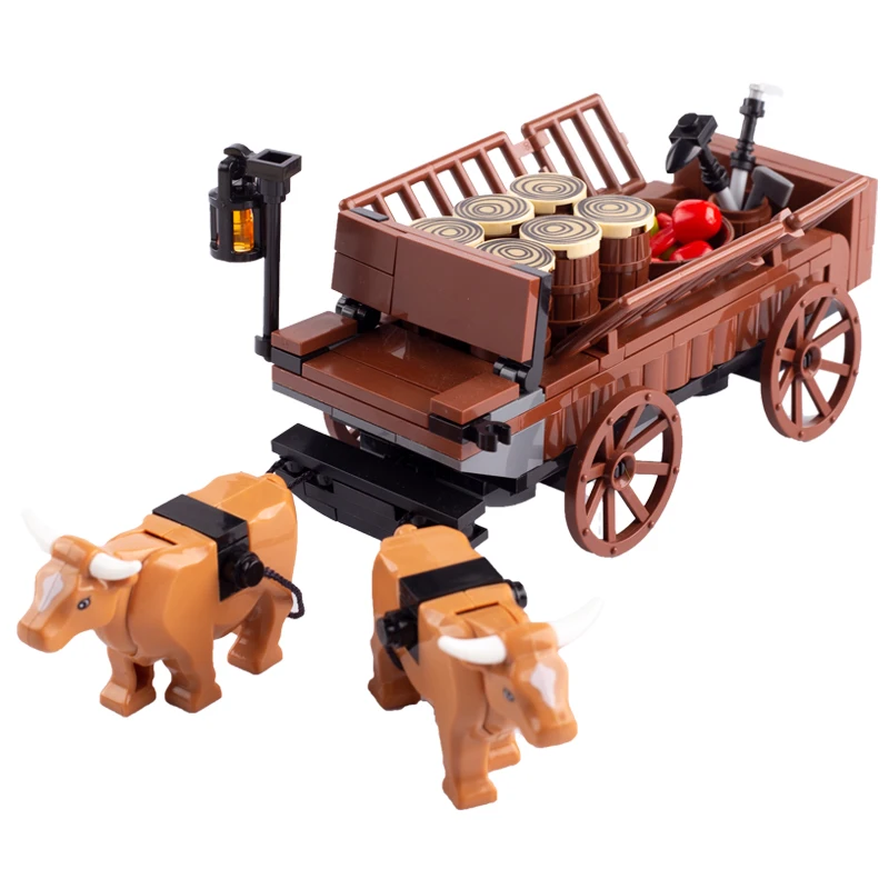 MOC carrello medievale Bullock carrello Street View Building Blocks agricoltore legno verdura Chariot cavallo trasportatore mattoni giocattoli regalo