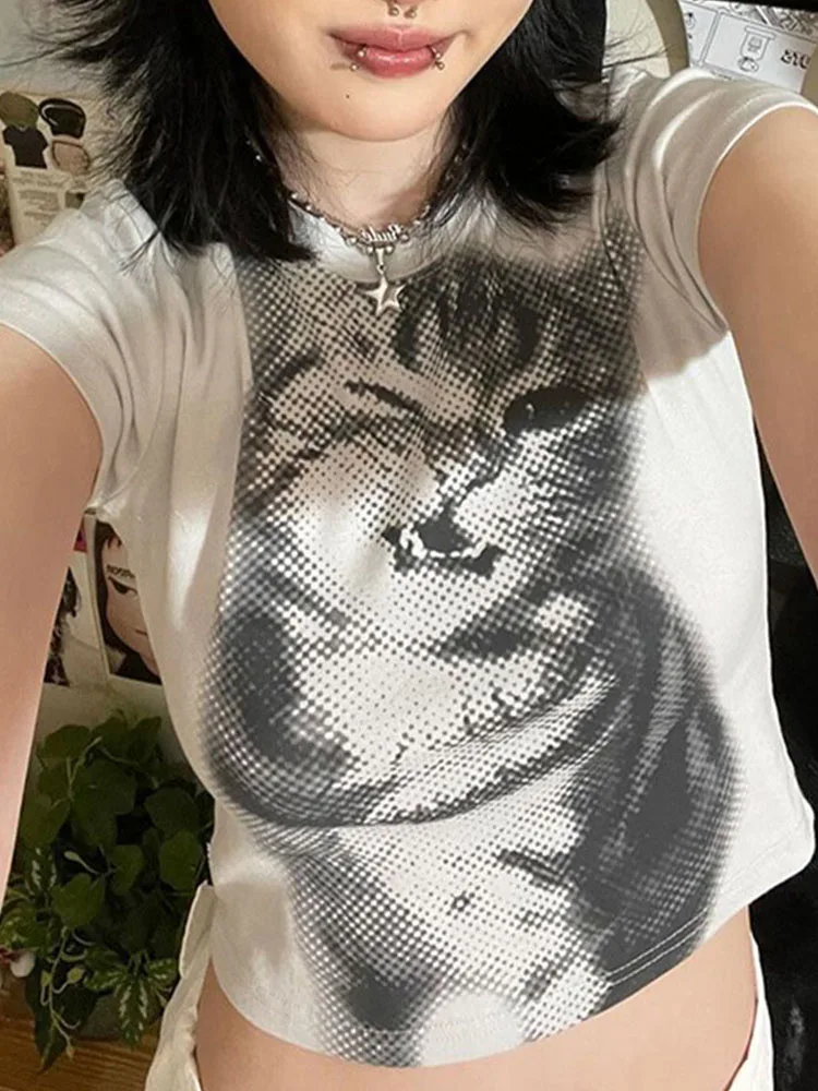 Harajuku الحيوان طباعة المحاصيل الأعلى الأساسية الأبيض قصيرة الأكمام Crewneck تي شيرت المرأة عادية سليم المناسب تيز سيدة y2k خمر